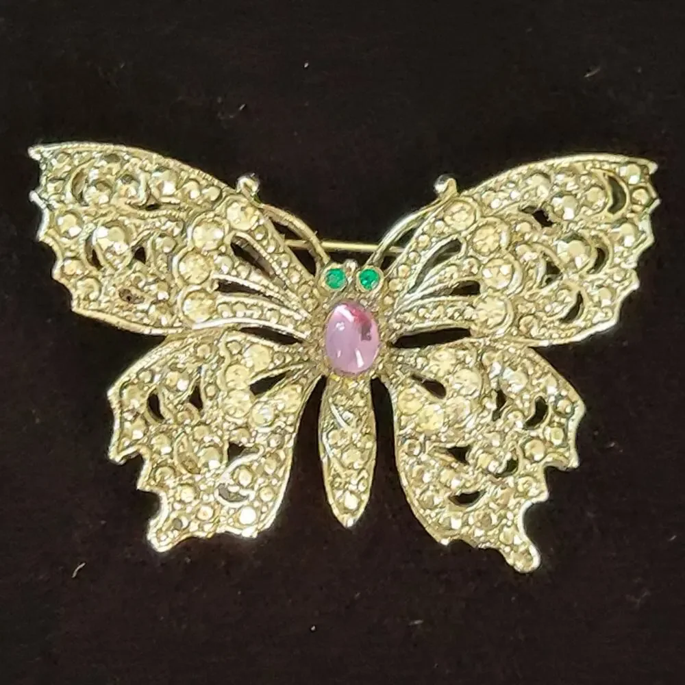 Vintage Butterfly Brooch Green Purple Rhinestone Faux Marcasite Cabochon Belly